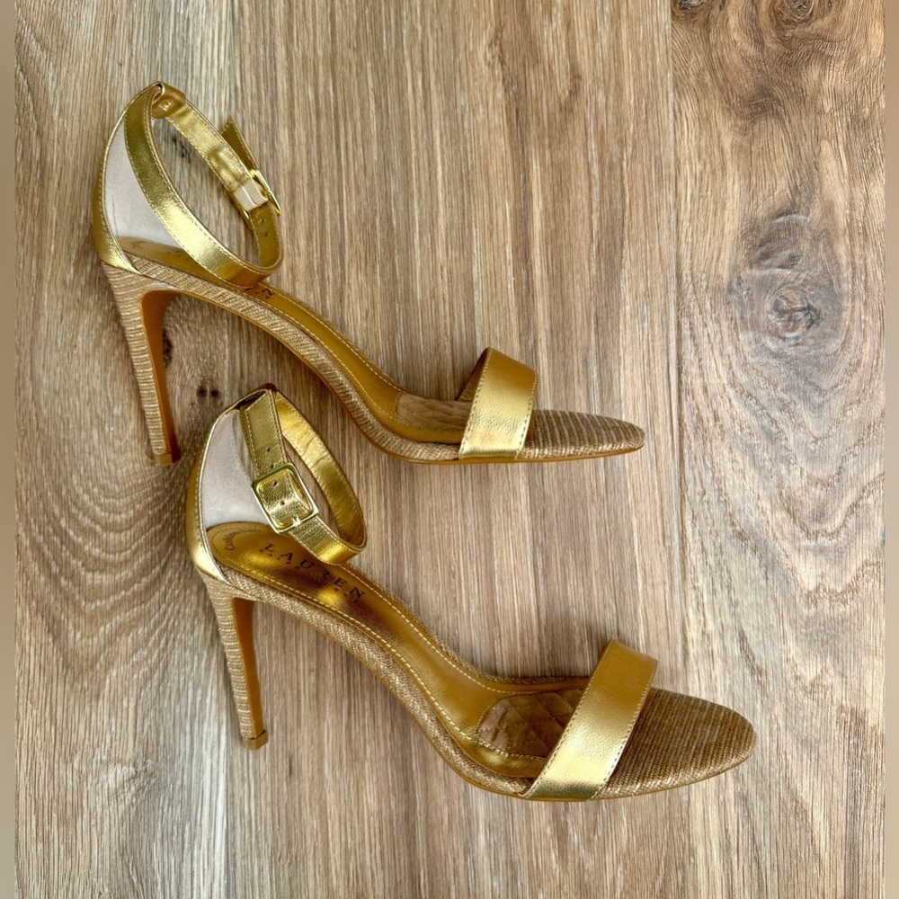 Lauren Ralph Lauren Samantha Gold Metallic Ankle Strap Heels – Size 8B